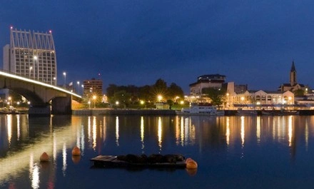 Valdivia at night: Illuminated Pedro de Valdivia Bridge over Calle-Calle River
